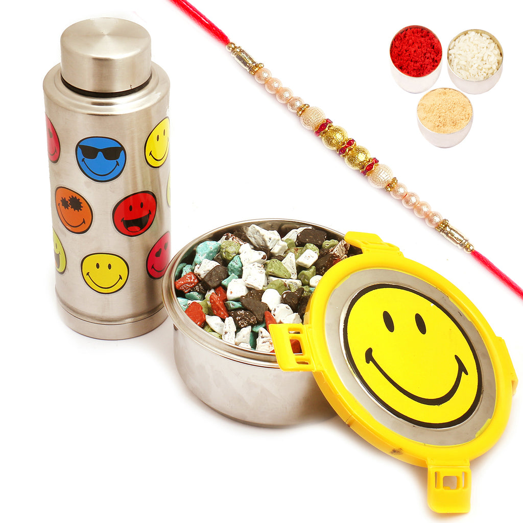 Smiley Stainless Steel Tiffin Box with Stone Chocolate and Bottle with Pearl Rakhi