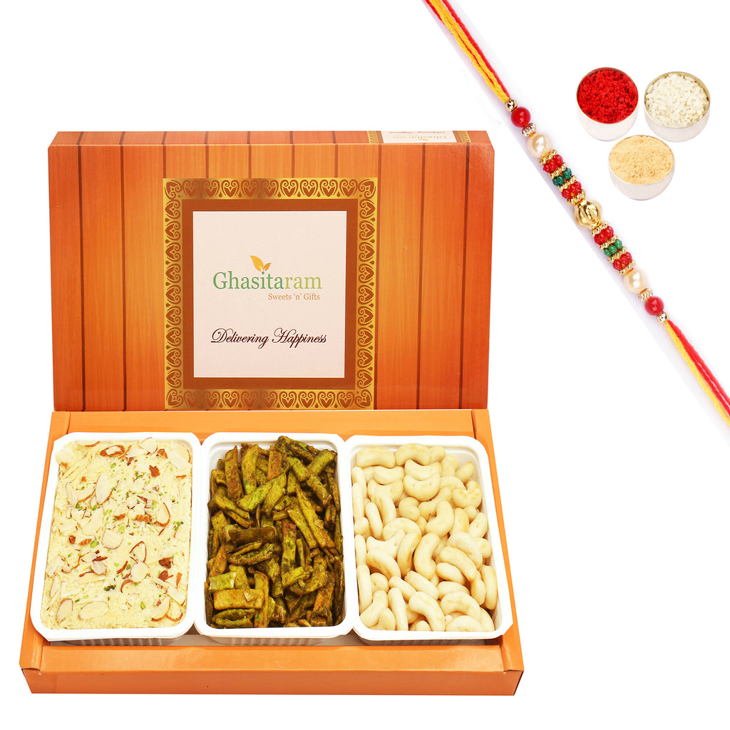 Soan Papdi,Cashew Shaped Biscuits and Palak Potato Chips with Pearl Beads Rakhi