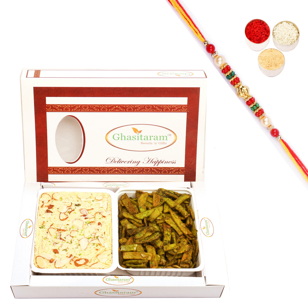 Soan Papdi and Palak Potato Chips Hamper with Pearl Beads Rakhi