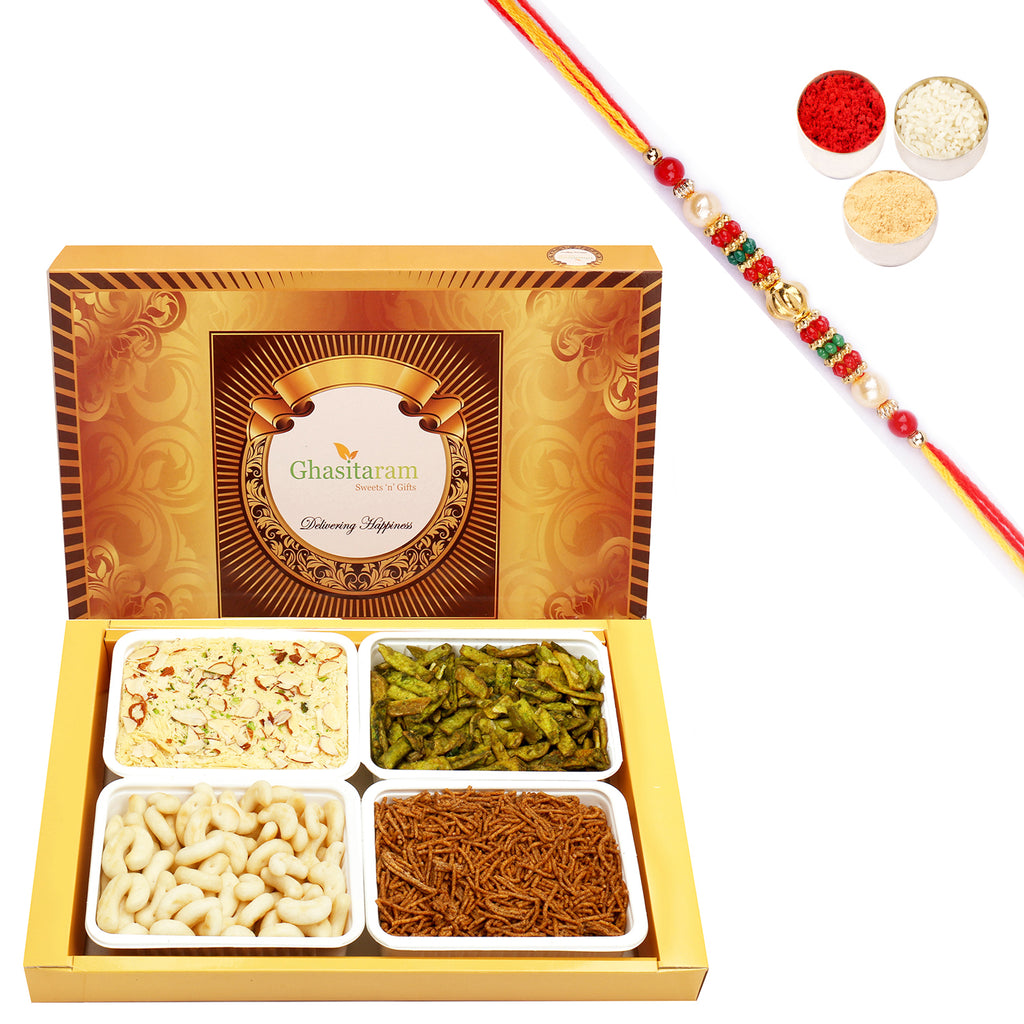 Big Box of Soan Papdi, Soya Sev, Cashew Shaped Biscuits and Palak Potato Chips with Beads Rakhi