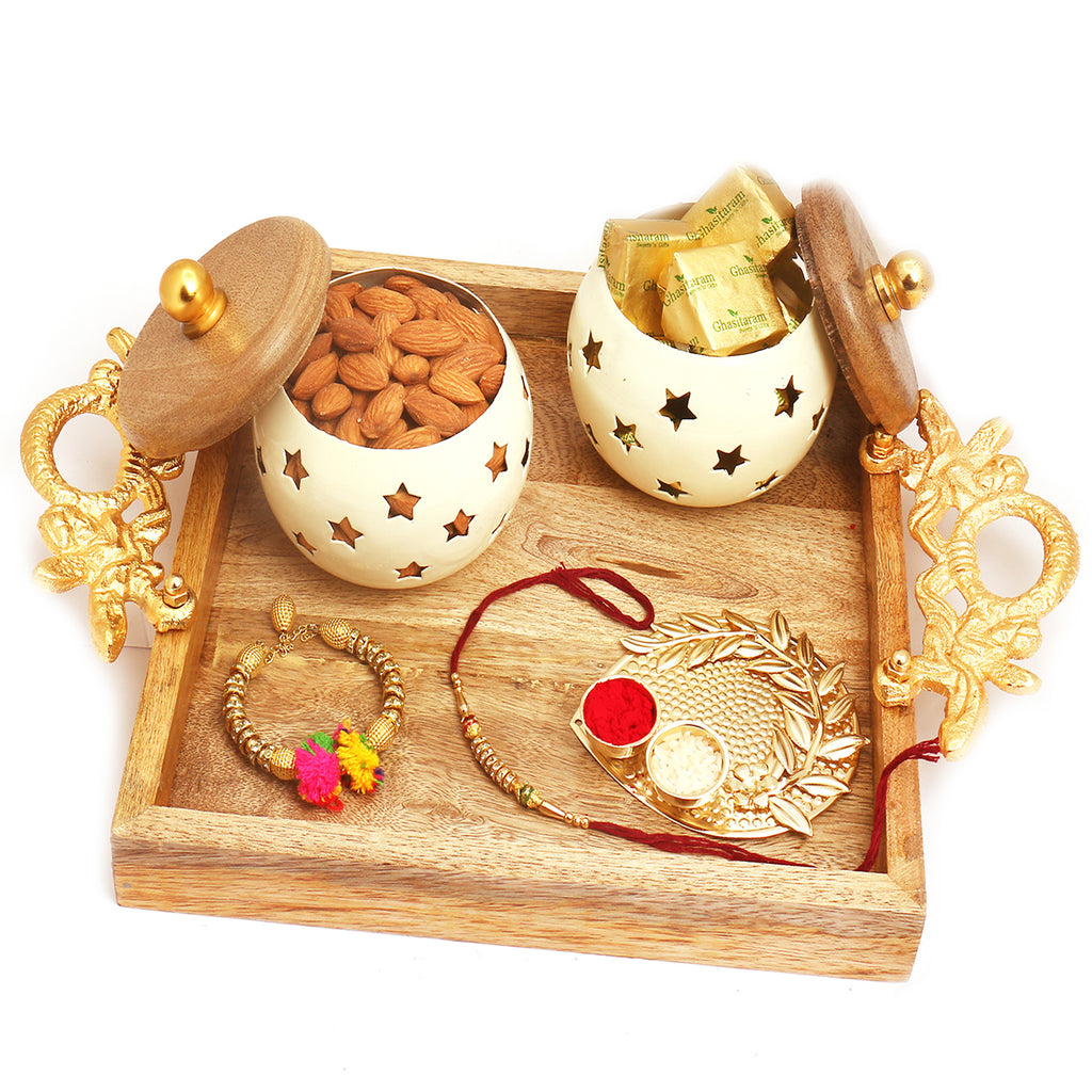 Square Wooden Tray with Almonds and Mewa Bites Jars, Pooja Thali and Infinite Pearl Beads Rakhi