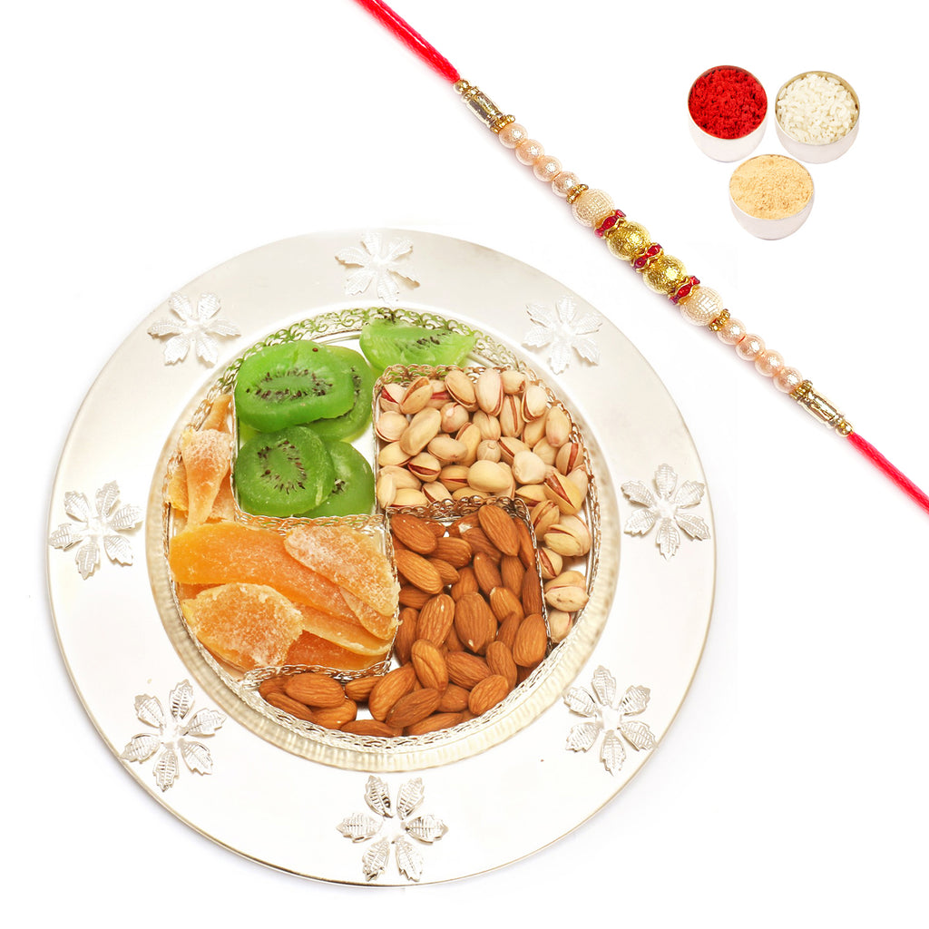 Swastik Thali with Almonds, Pistachios, Mango and Kiwi Fruit with Pearl Rakhi