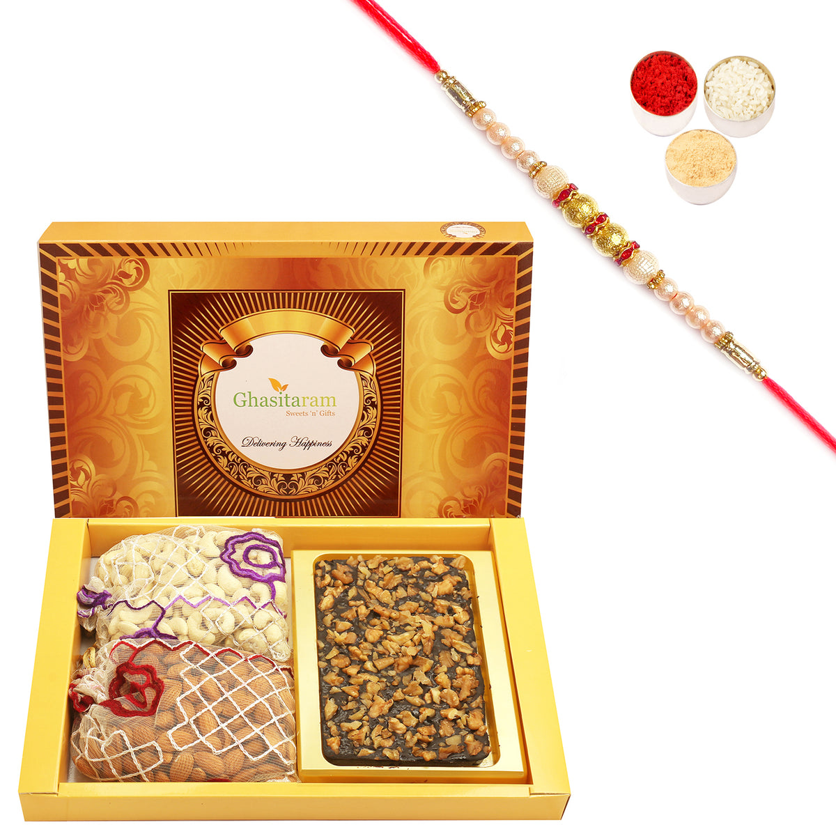 Big Box Of Walnut Chocolate Bark, Almonds and Cashews Pouch with Pearl Rakhi