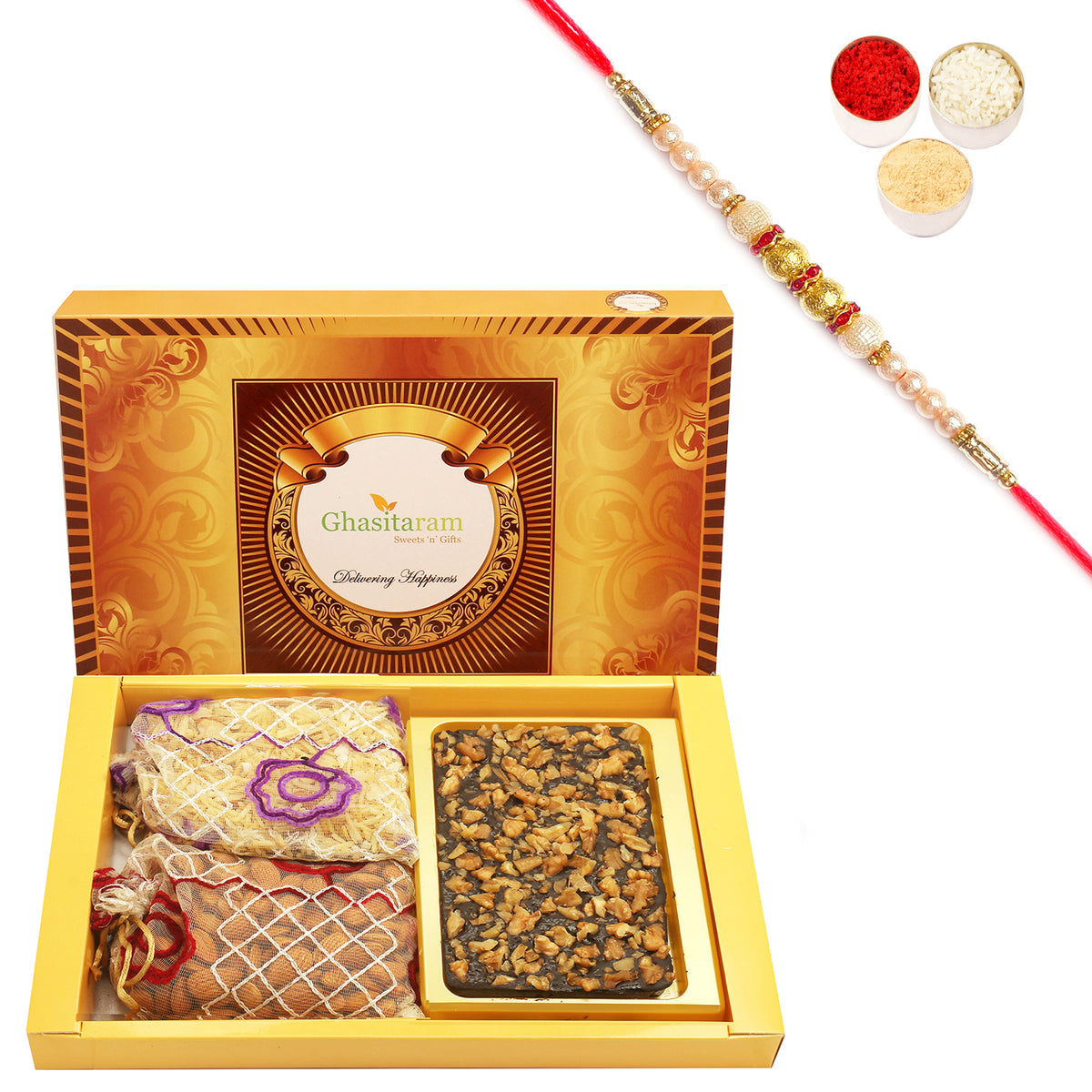 Big Box Of Walnut Chocolate Bark, Almonds and Namkeen Pouch with Pearl Rakhi
