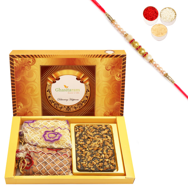 Big Box Of Walnut Chocolate Bark, Almonds and Namkeen Pouch with Pearl Rakhi