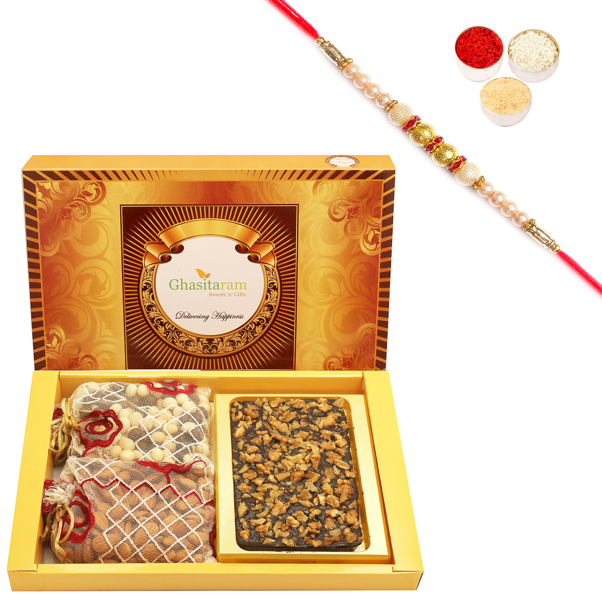 Big Box Of Walnut Chocolate Bark, Almonds and NuttiesPouch with Pearl Rakhi