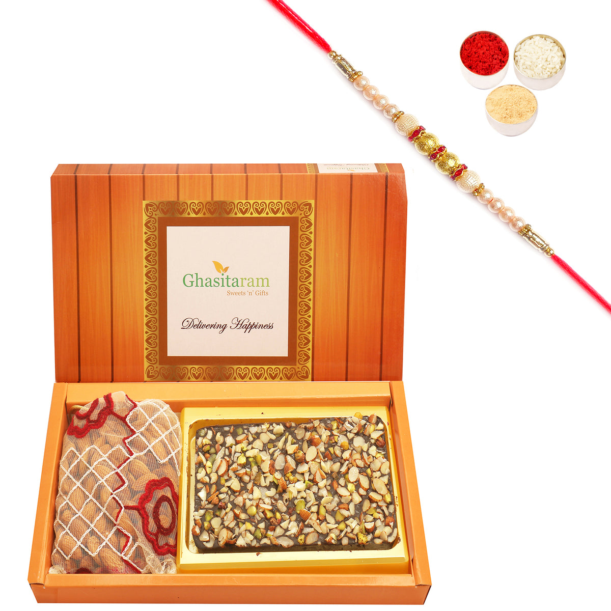 Box Of Walnut Chocolate Bark and Almonds Pouch with Pearl Rakhi