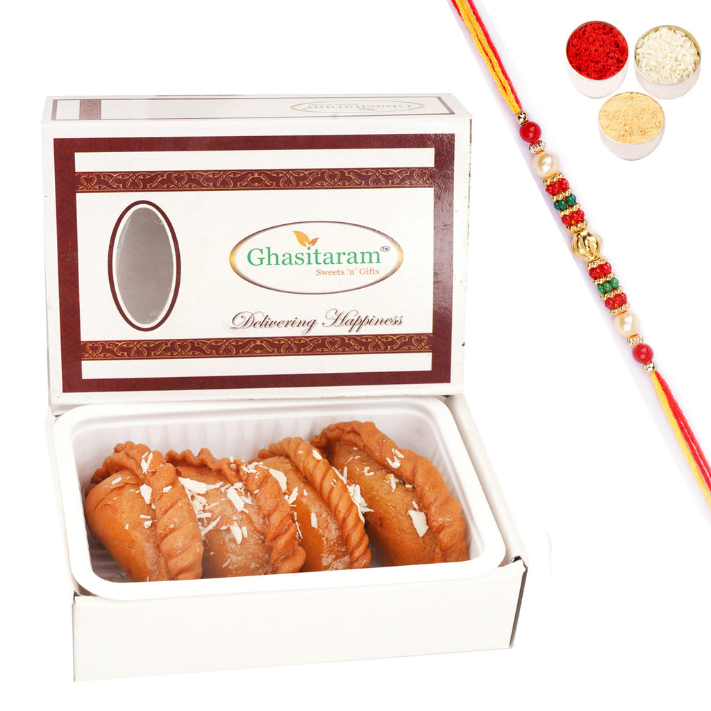 Ghasitaram's Sweets Healthy Wheat Gujiya 200 gms with Beads Rakhi