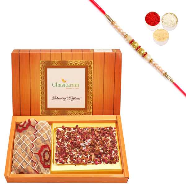Box Of White Chocolate Bark and Almonds Pouch with Pearl Rakhi