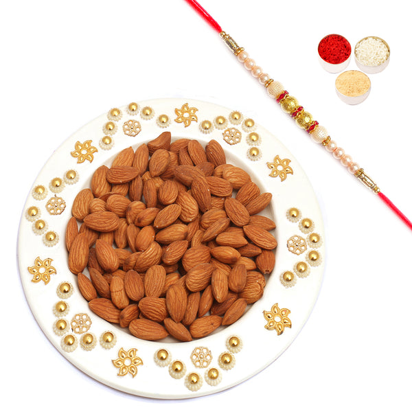 White Metal Almond Thali with Pearl Rakhi