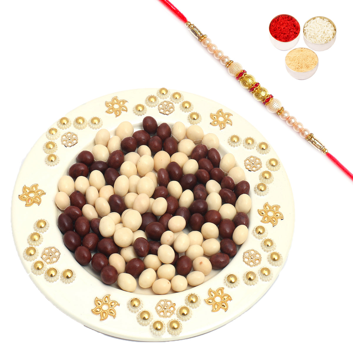 White Metal Nutties Thali with Pearl Rakhi