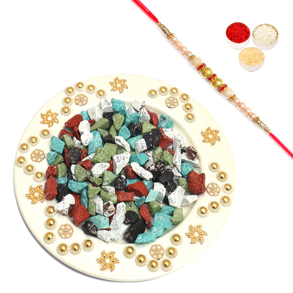 White Metal Stone Chocolate Thali with Pearl Rakhi