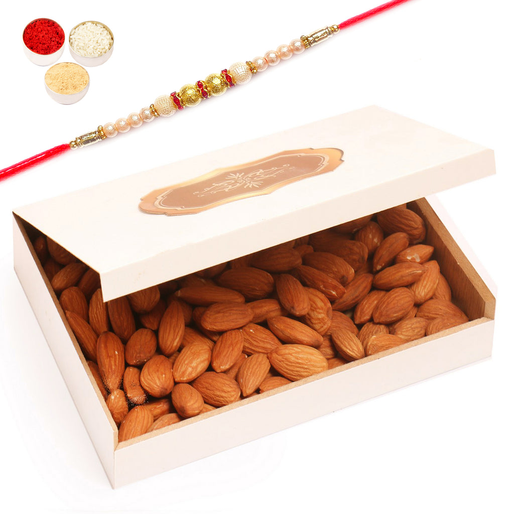 White Wooden Almond  Box with Pearl Rakhi