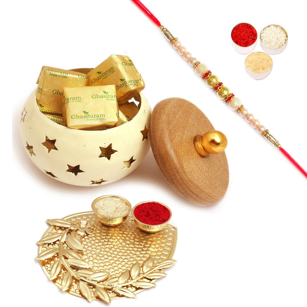 White Wooden Chocolates Jar with Pooja Thali with Pearl Rakhi