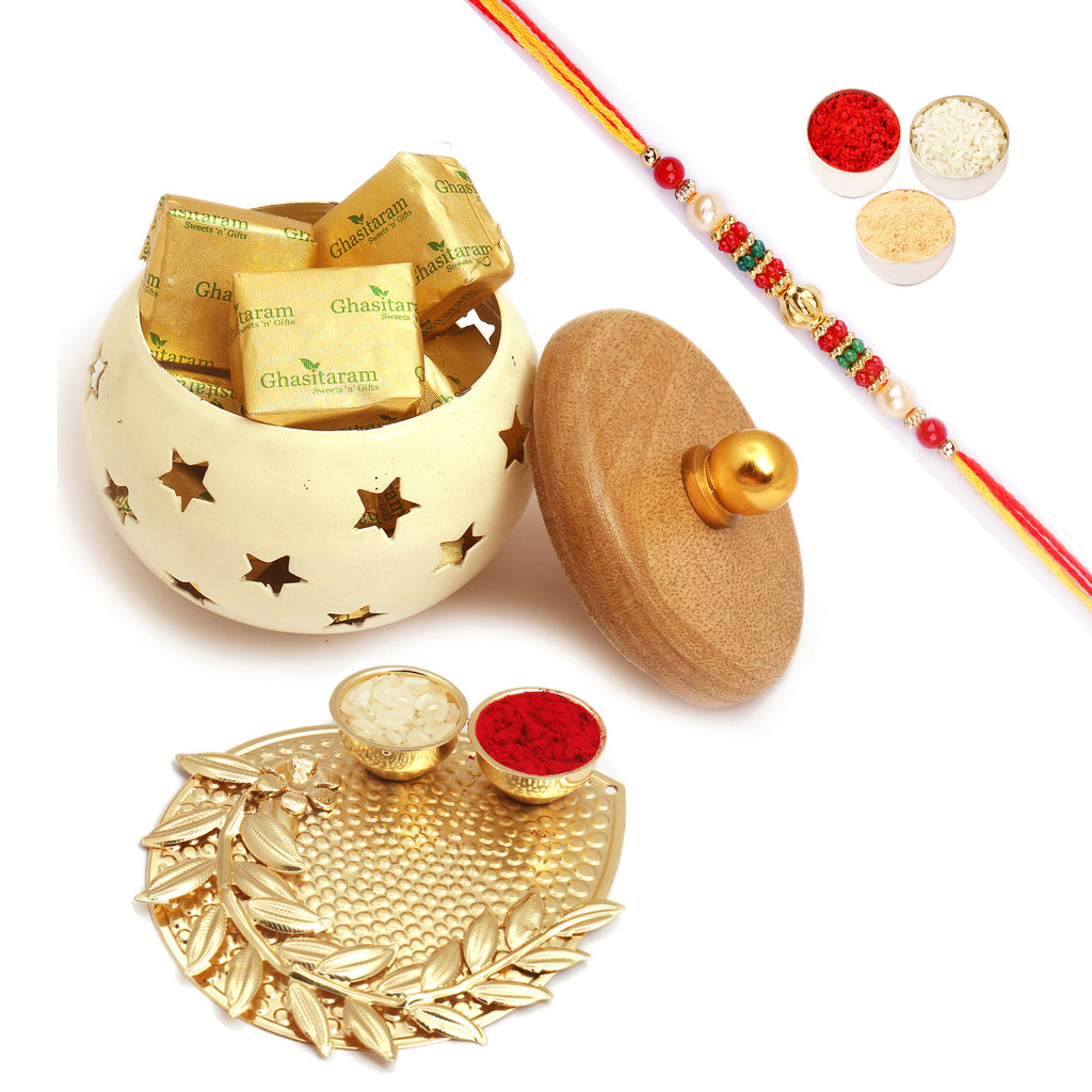 White Wooden Mewa Bites Jar with Pooja Thali with Pearl Beads Rakhi