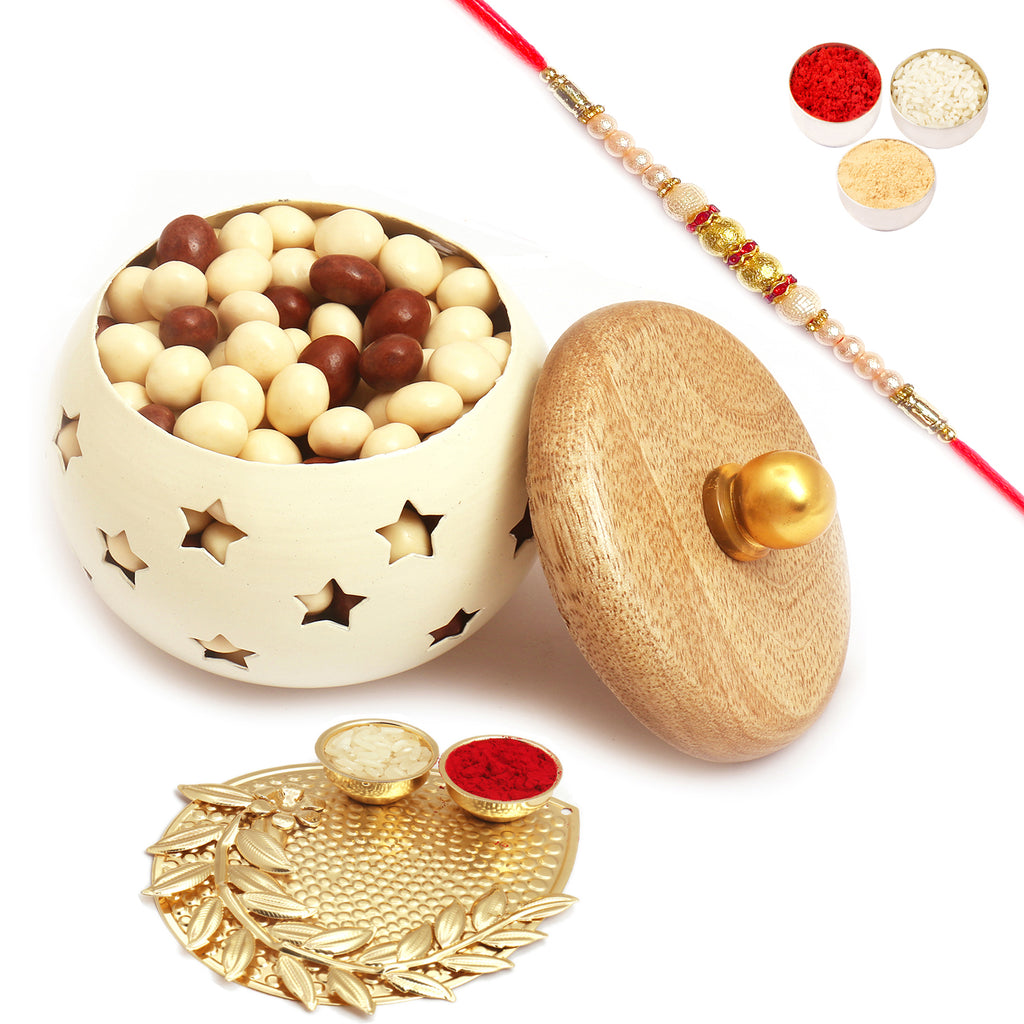White Wooden Nutties Jar with Pooja Thali with Pearl Rakhi