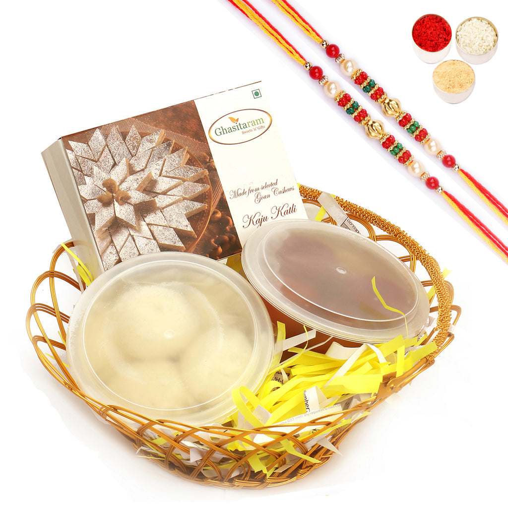 Gold Wired Basket of Rasgulla, Gulab Jamun and Kaju Katli with 2 Pearl beads rakhi