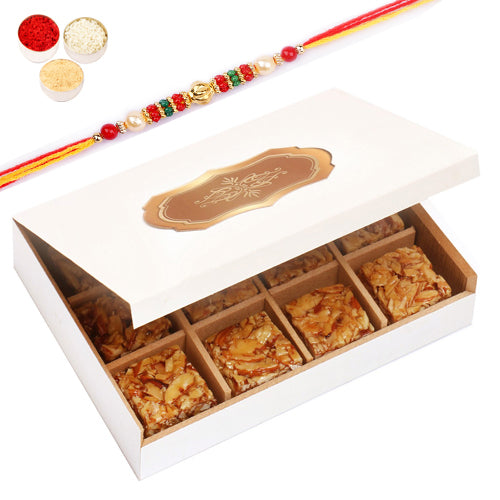  Wooden 12 Pcs Roasted Almond Bites  Box with Pearl Beads Rakhi