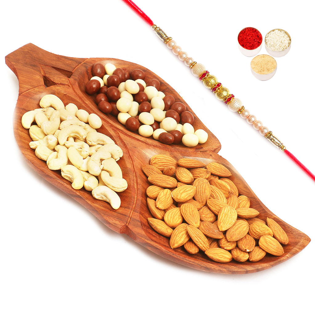 Wooden Leaf Dryfruit and Nutties Tray with Pearl Rakhi
