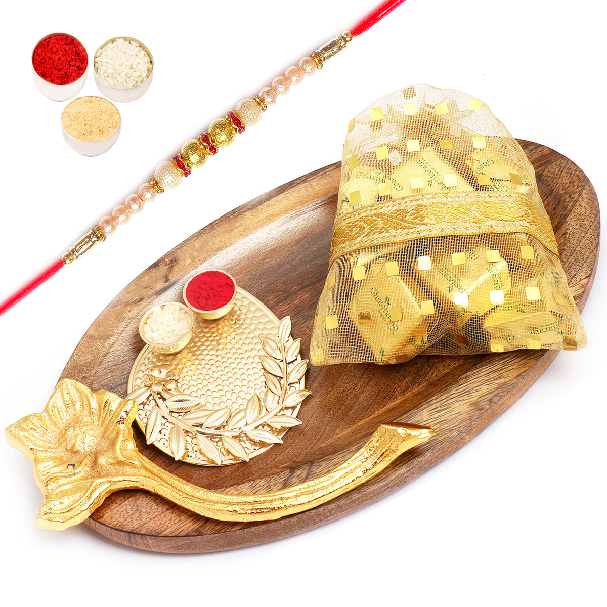  Wooden Platter with Pooja Thali and Chocolate Pouch with Pearl Rakhi