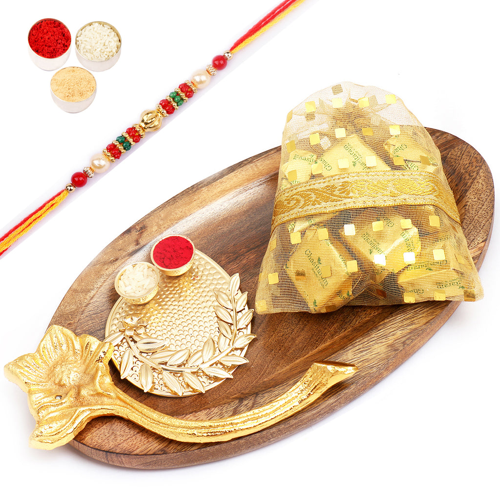  Wooden Platter with Pooja Thali and Mewa Bites Pouch with Pearl Beads Rakhi