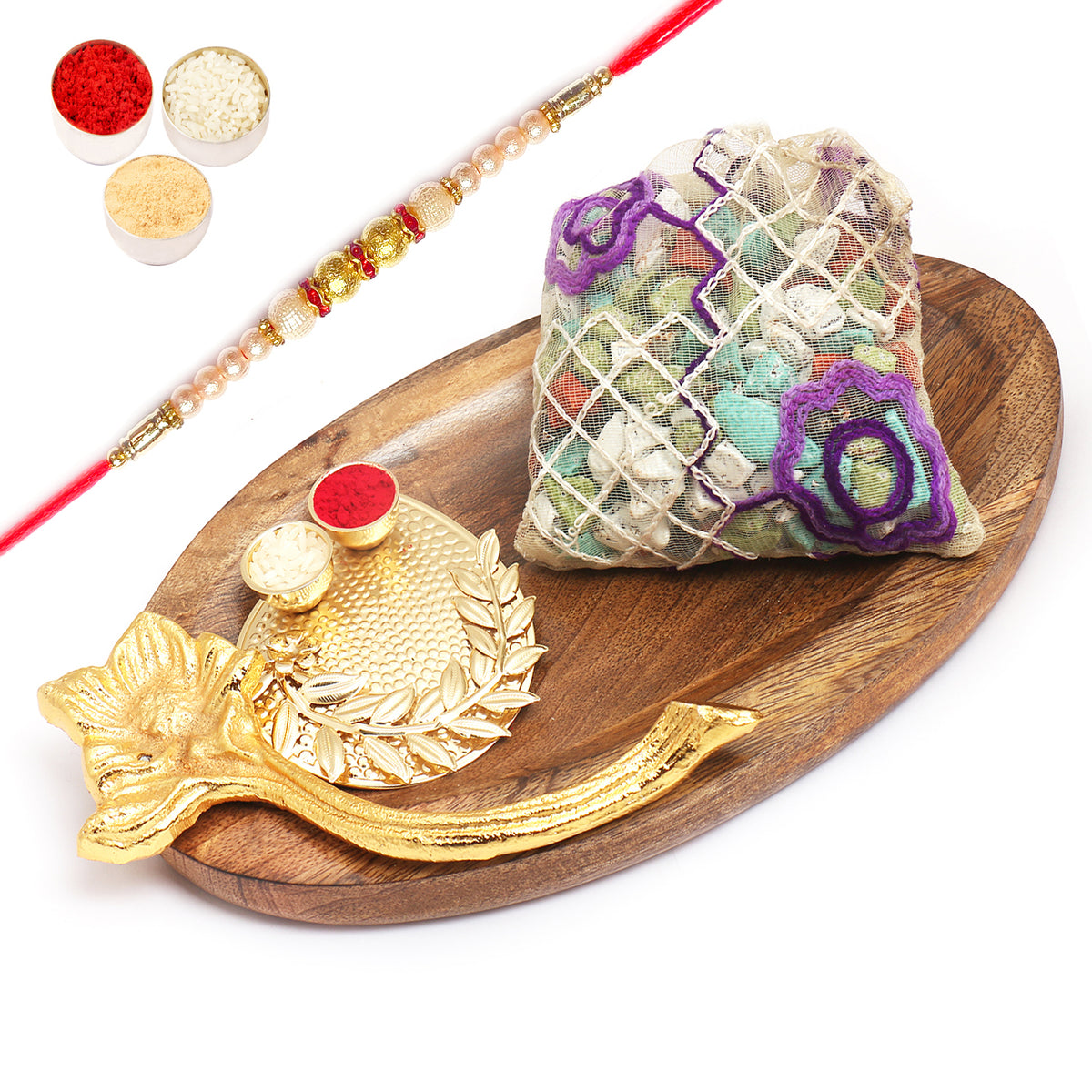  Wooden Platter with Pooja Thali and Stone Chocolate Pouch with Pearl Rakhi
