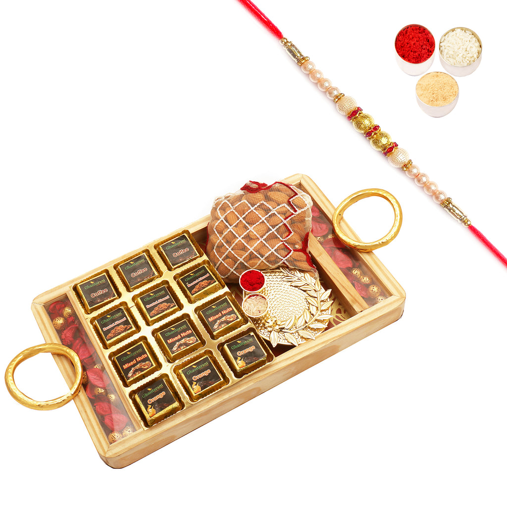 Wooden Rose Tray with Assorted Chocolates, Almonds and Mini Pooja Thali with Pearl Rakhi