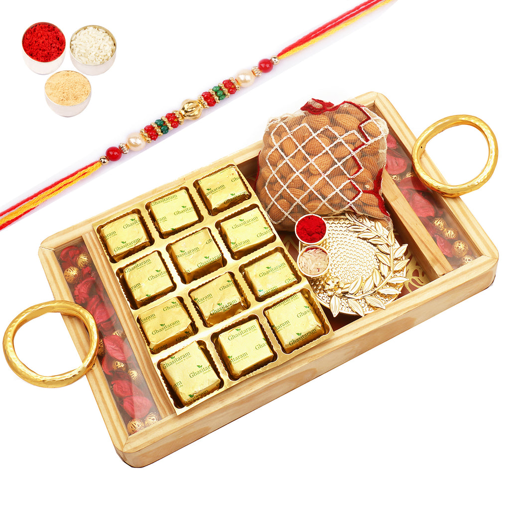 Wooden Rose Tray with Mewa Bites, Almonds and Mini Pooja Thali with Pearl Beads Rakhi