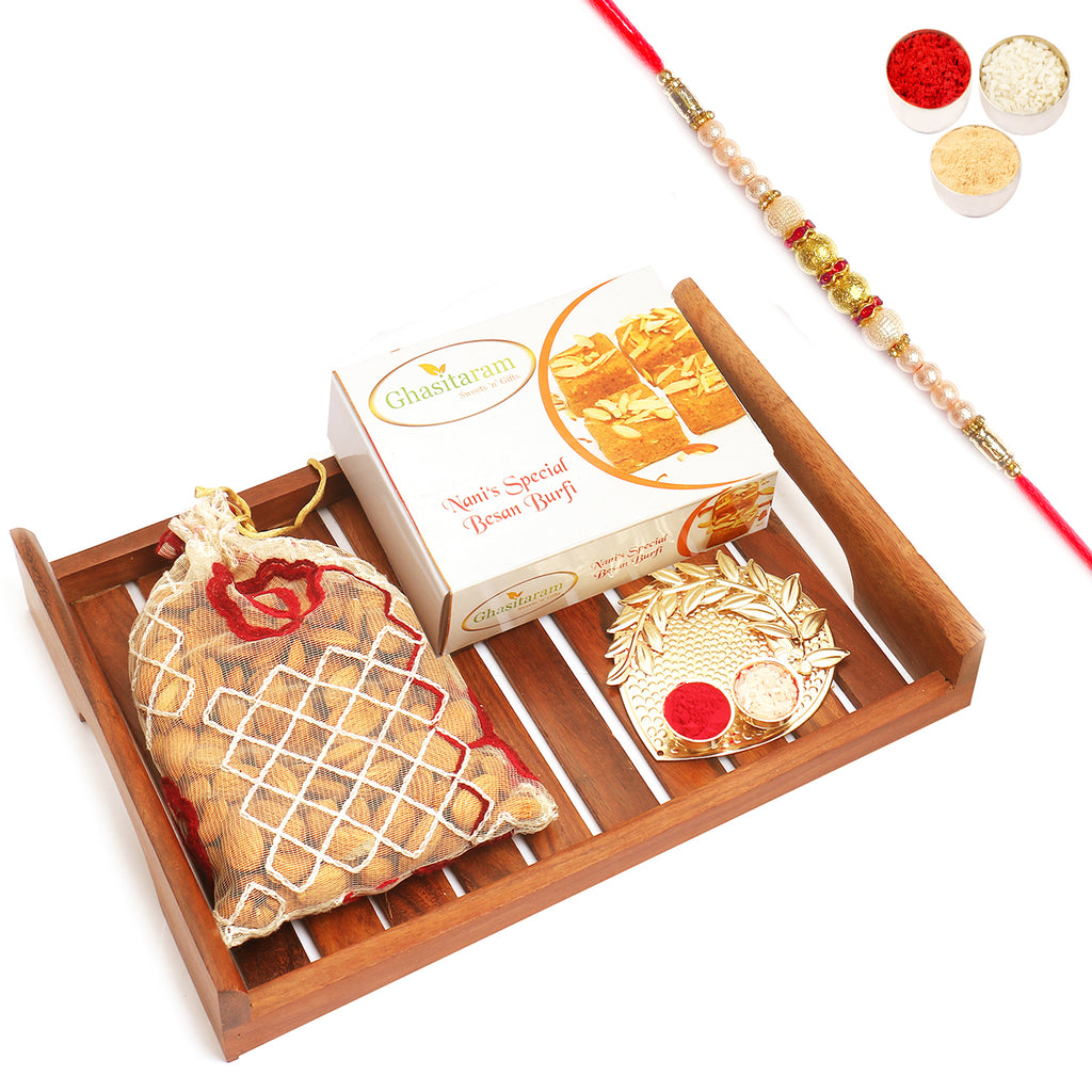Wooden Serving Tray with Soft Mysore Pak, Almonds and Pooja Thali with Pearl Rakhi