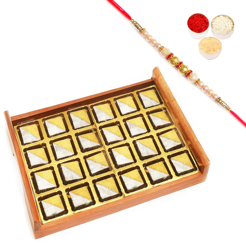 Wooden Sheen Chocolates Serving Tray with Pearl Rakhi