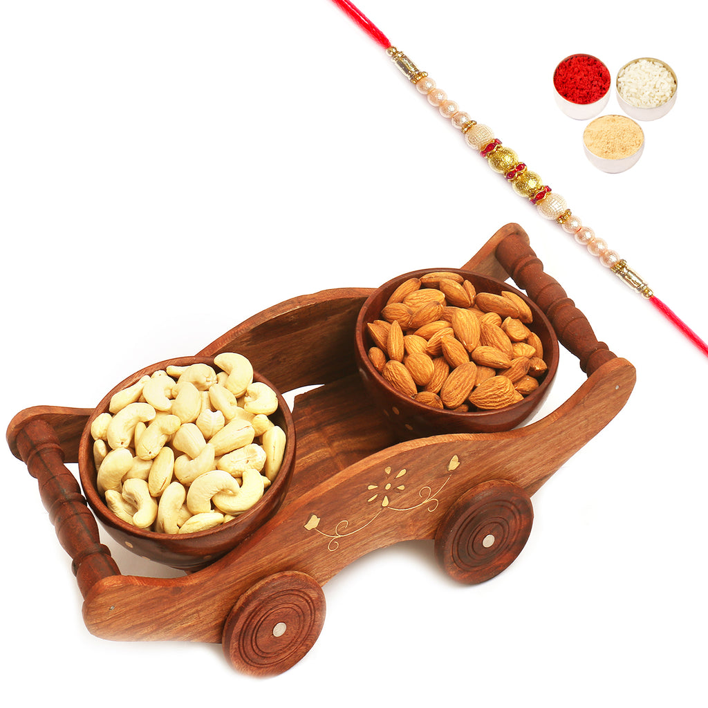 Wooden Wheel Cart of Almonds and Cashews with Pearl Rakhi
