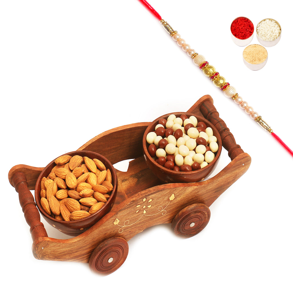 Wooden Wheel Cart of Almonds and Nutties with Pearl Rakhi