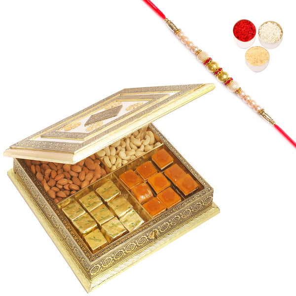 White Gold Big BH- 1018 Minakari Cashews, Almonds, Mango Bites and Chocolates Box 800 gms with Pearl Rakhi