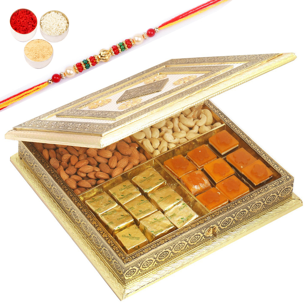 White Gold Big BH- 1018 Minakari Cashews, Almonds, Mango Bites and Mewa Bites Box 800 gms with Pearl Beads Rakhi