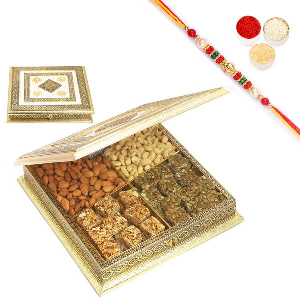 White Gold Big BH- 1018 Minakari Cashews, Almonds, Sugarfree Bites and Pumpkin Seeds Bites Box 800 gms with Pearl Beads Rakhi