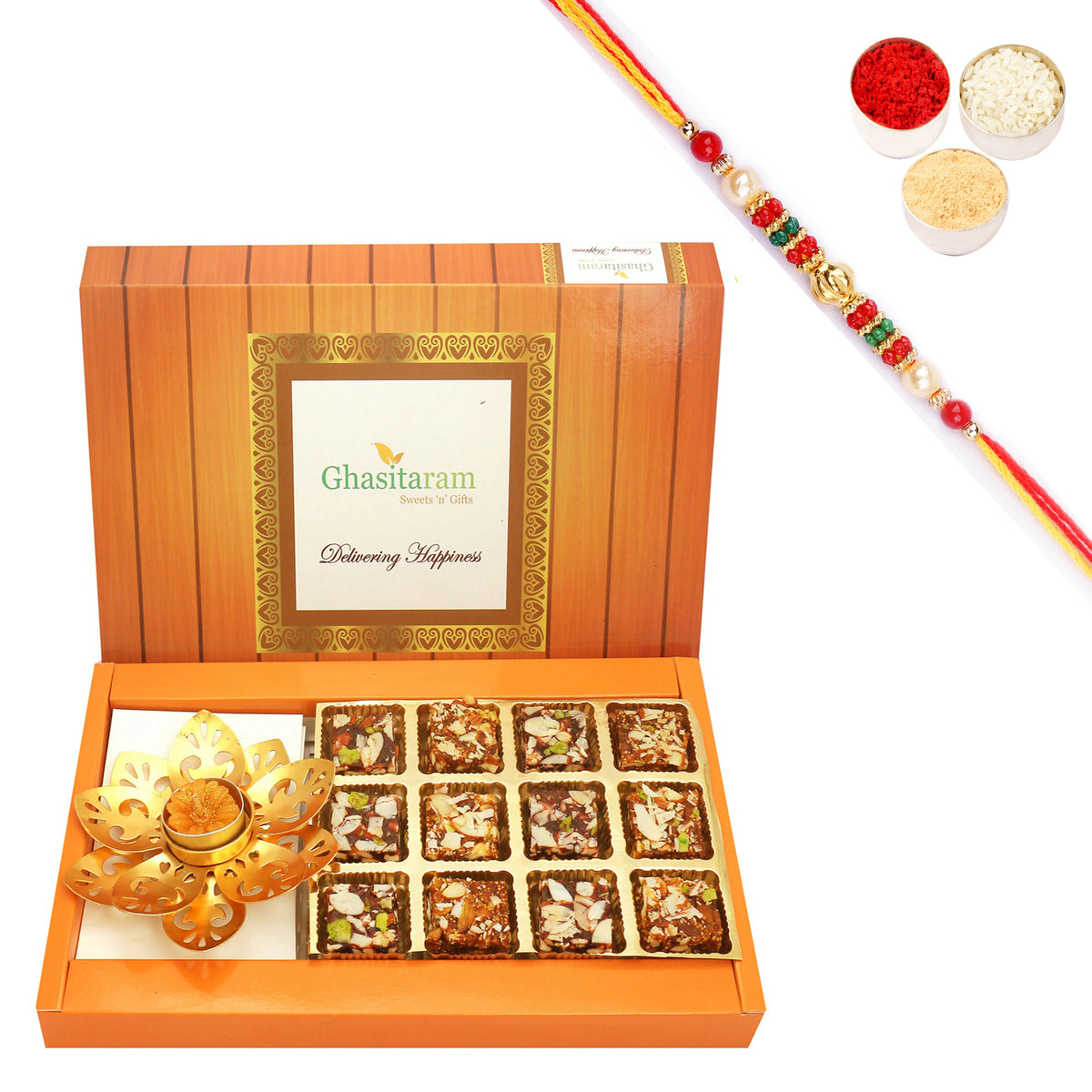 12 Pcs Sugarfree Bites and T-Lite with Pearl Beads Rakhi