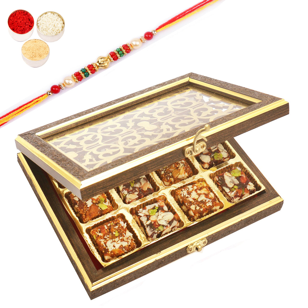 Wooden Lazer 12 pcs Sugarfree Bites Box with Pearl Beads Rakhi