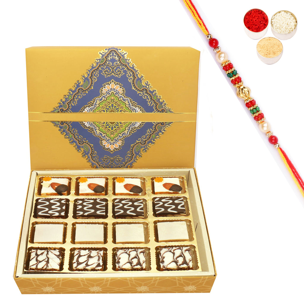 16 pcs Assorted Choco Dryfruit Bites SQ Box with Pearl Beads Rakhi