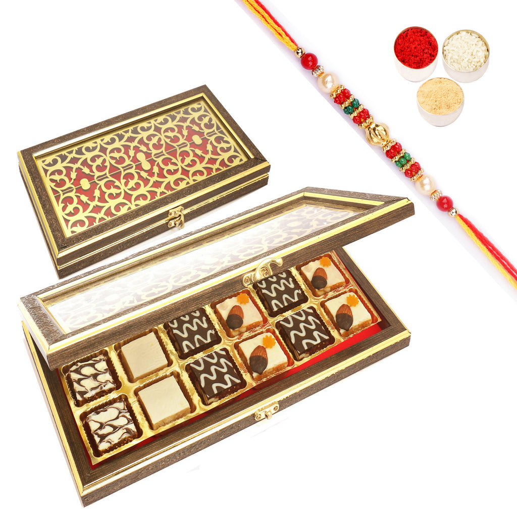 Wooden Lazer 18 pcs Assorted Choco Dryfruit Bites Box with Pearl Beads Rakhi