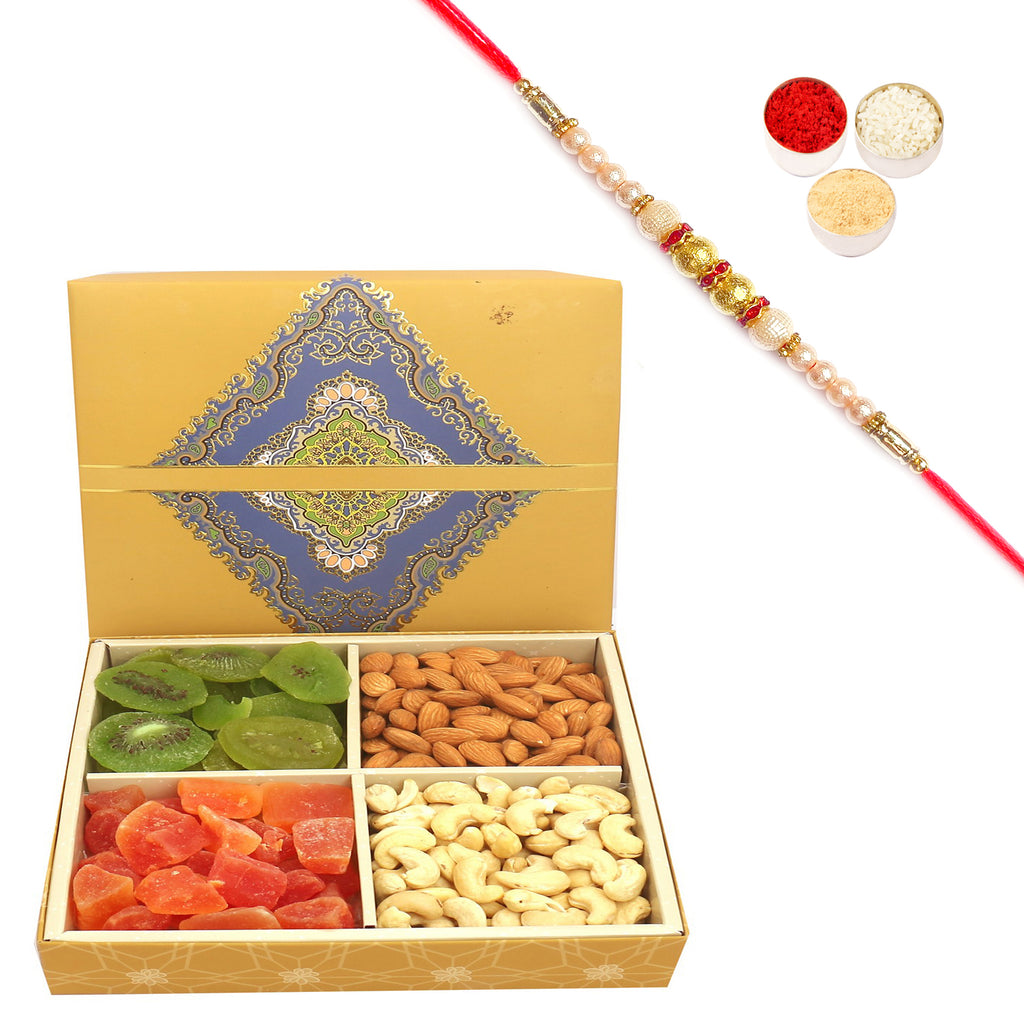 4 Part Assorted Dryfruits SQ box with Pearl Rakhii
