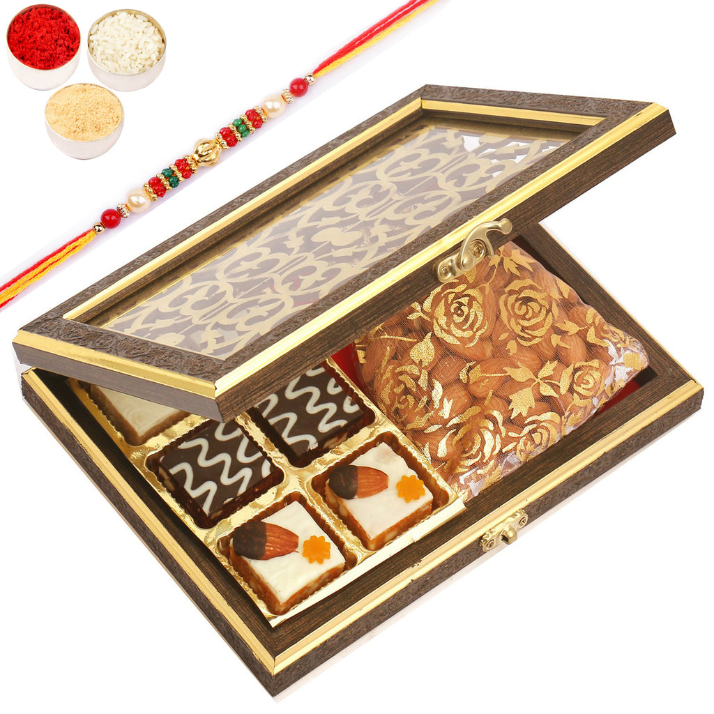 Wooden Lazer 6 pcs Assorted Choco Dryfruit Bites and Almonds Pouch with Pearl Beads Rakhi