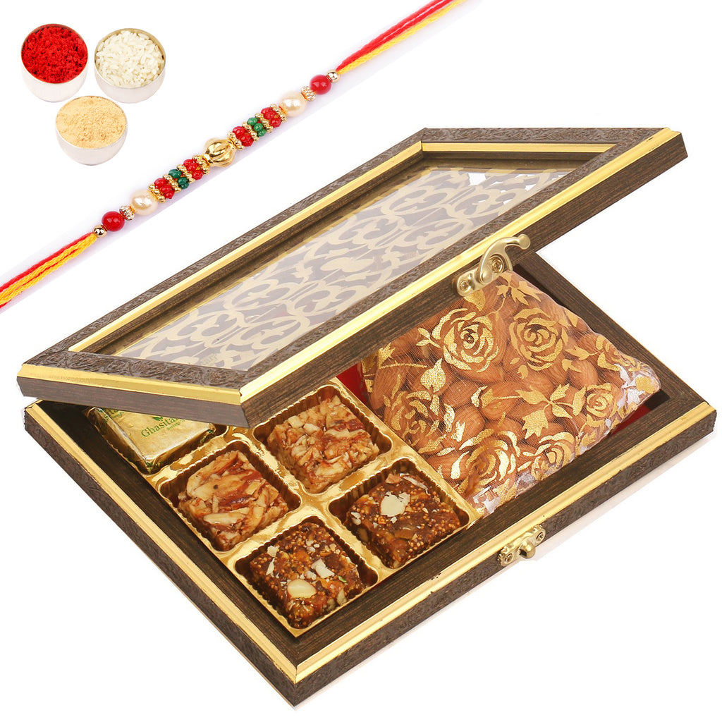 Wooden Lazer 6 pcs Sugarfree Bites Box and Almonds Pouch with Pearl Beads Rakhi