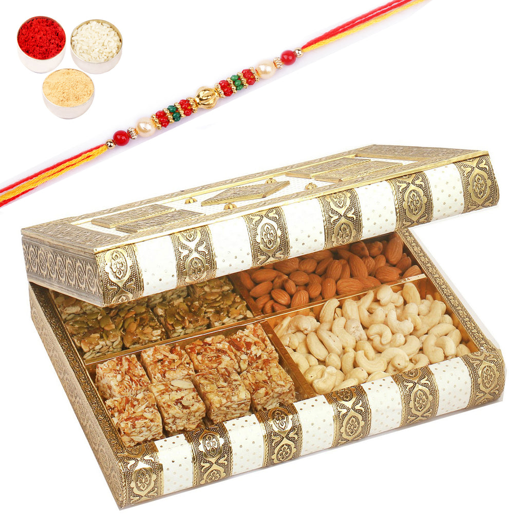 White Gold BH- 807 Minakari Cashews, Almonds, Sugarfree Bites and Pumpkin Seeds Bites Box with Pearl Beads Rakhi