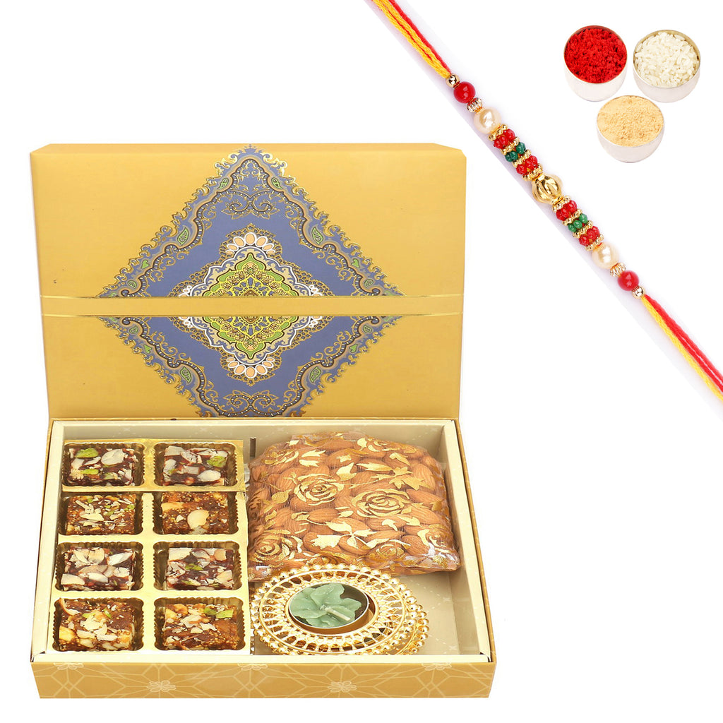 8 pcs Assorted Sugarfree Bites, 2 t-lites and Almond Pouch  SQ box with Pearl Beads Rakhi
