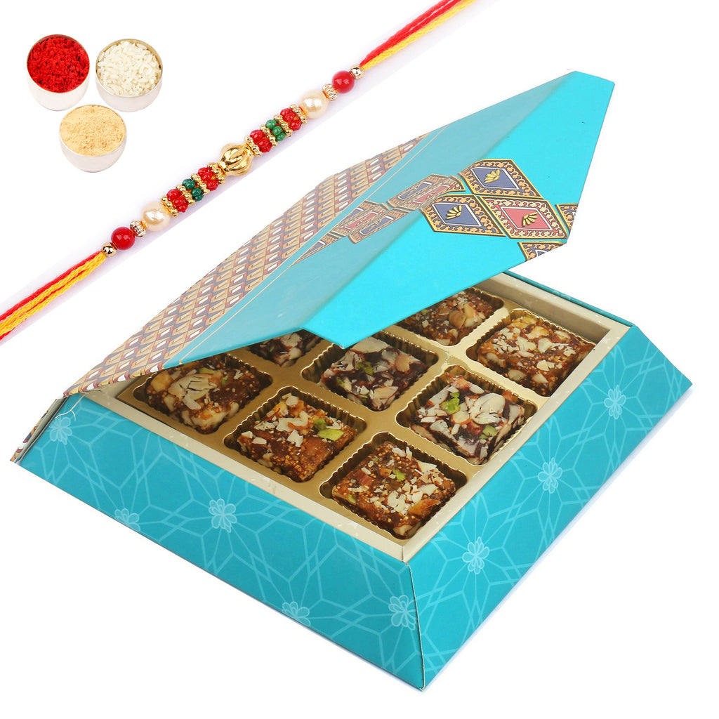 9 pcs Sugarfree Bites SQ Box with Pearl Beads Rakhi