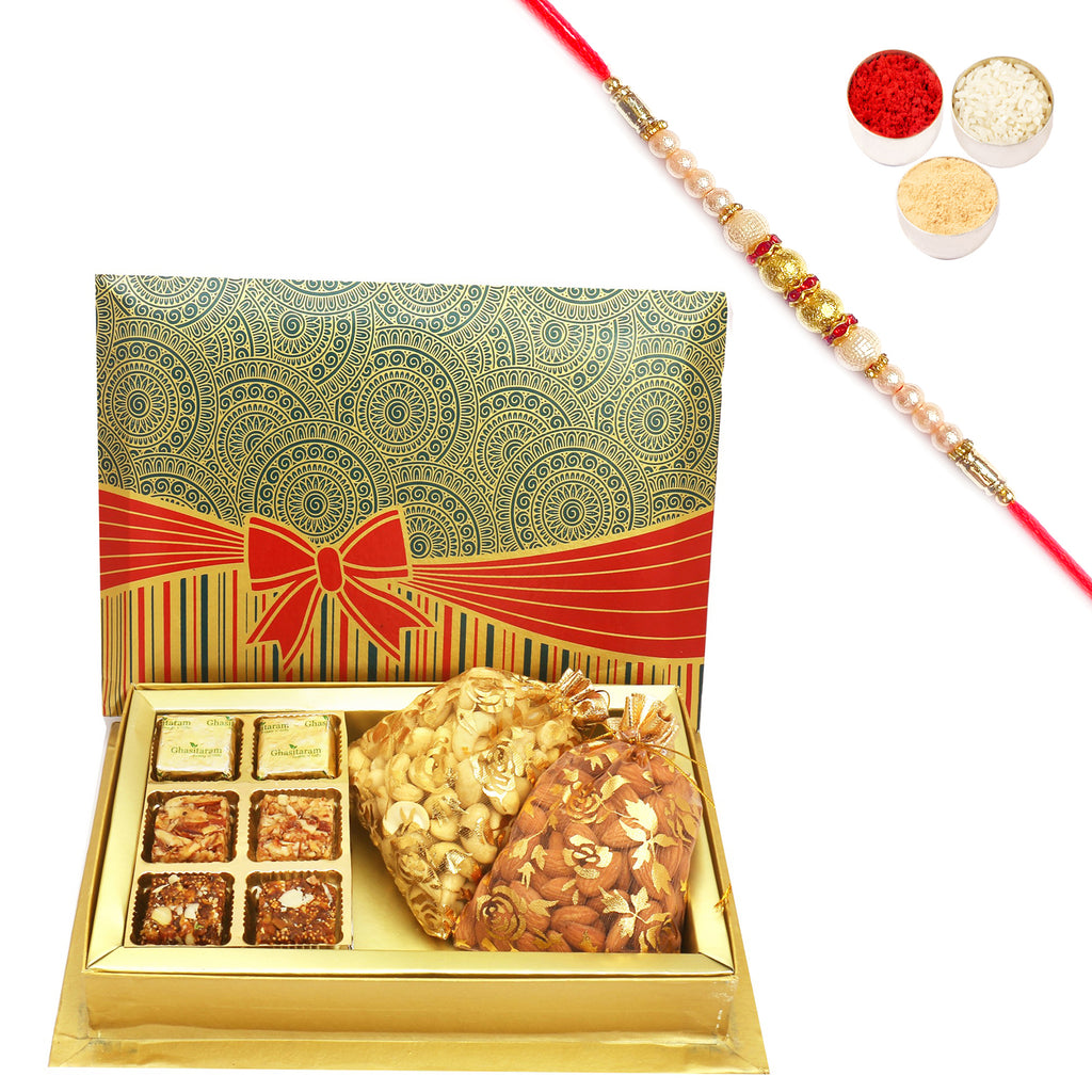 6 Pcs Assorted Choco Dryfruit Bites ,Almonds, Cashews Pouches in Fancy Gift Box with Pearl Rakhi