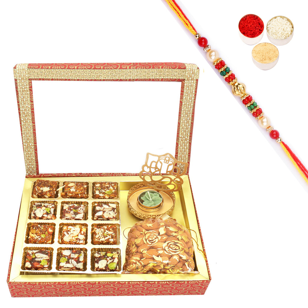 Almonds, Sugarfree Bites Pouches with Golden T-lite in Fancy Gift Box Pearl Beads Rakhi