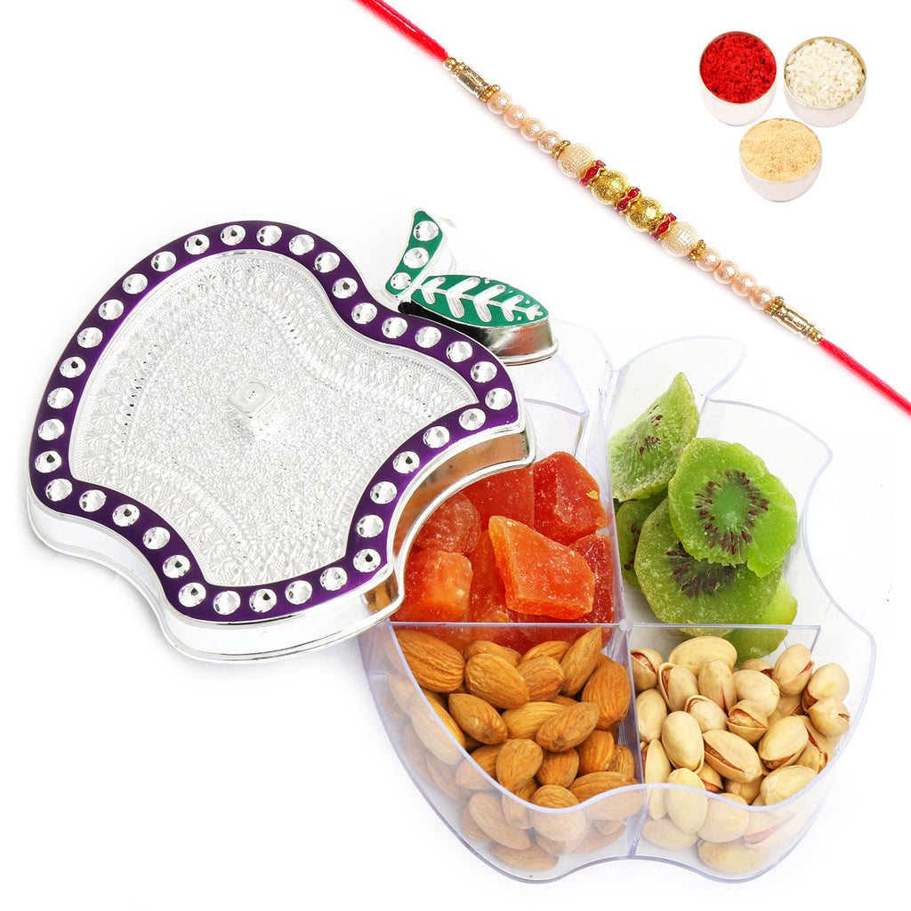 Apple Multipurpose Almonds, Pistachios, Kiwi and Papaya Box with Pearl Rakhi