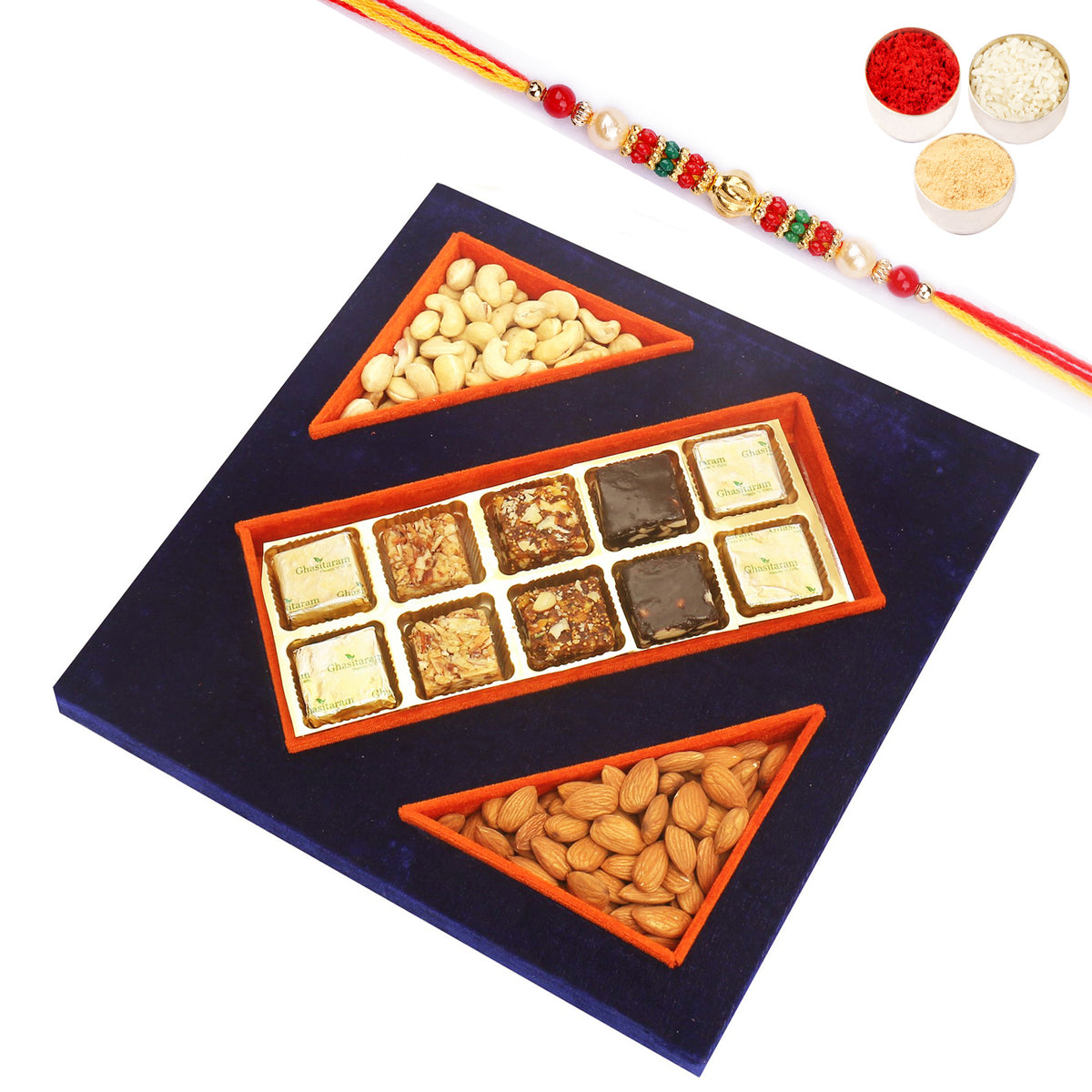 Blue Velvet Tray of Assorted Bites, Almonds and Cashew Pouches with Pearl Beads Rakhi