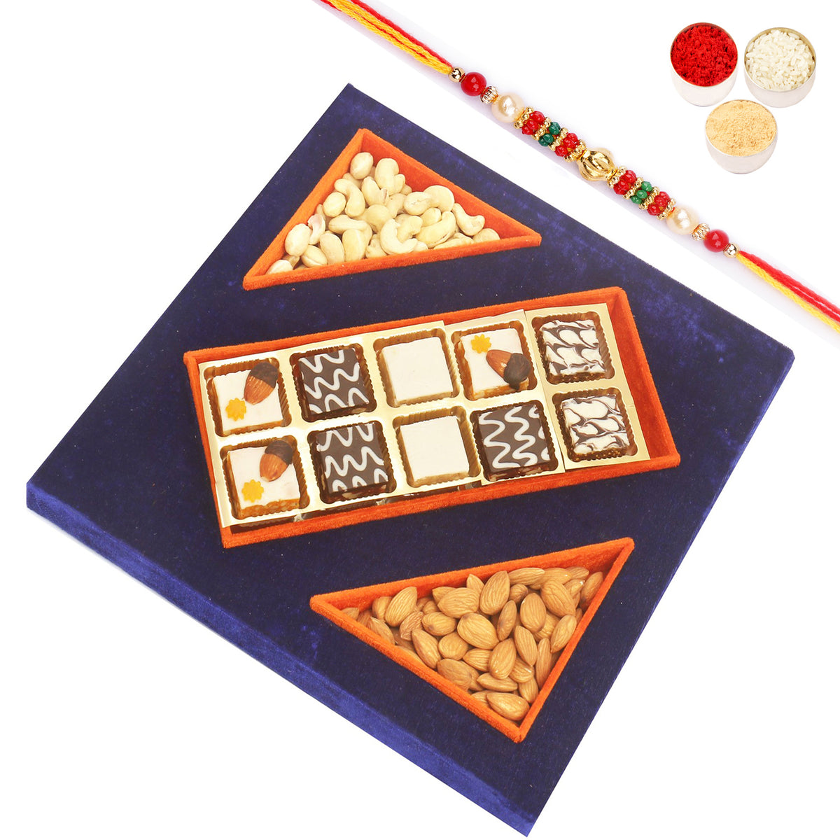 Blue Velvet Tray of Choco Dryfruit Bites, Almonds and Cashew Pouches with Pearl Beads Rakhi